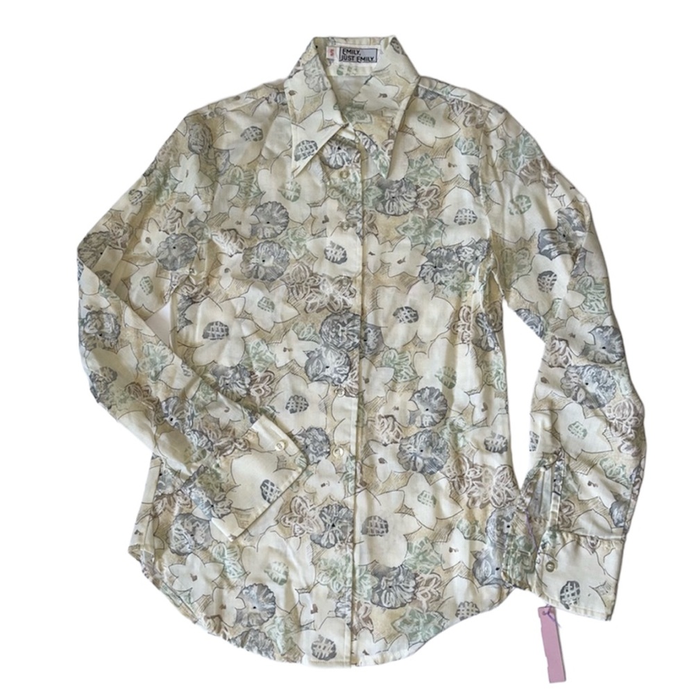 60s 70s Floral Blouse Button Up Down Vintage MidCentury 1960 1970 Pointy Collar